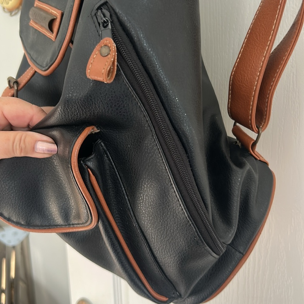 Capezio Backpack Rucksack Brown Leather Trim Large Sling Bag Vintage 80s HTF - Picture 5 of 9